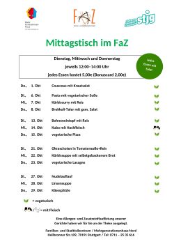 Die aktuelle Speisekarte für den Mittagstisch des laufenden Monats
