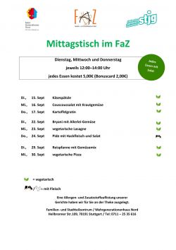 Die aktuelle Speisekarte für den Mittagstisch des laufenden Monats