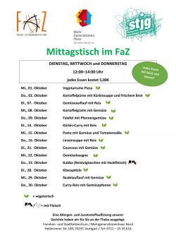 Die aktuelle Speisekarte für den Mittagstisch des laufenden Monats